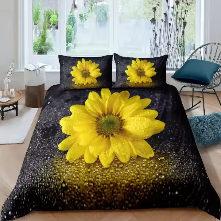 Juego de Fundas de Dormitorio de Girasol Artesanía Botánica de Campos de Girasol con Viste de Atardecer Material de Poliéster - 1
