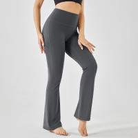 Hamidou-mallas de Yoga de cintura alta para mujer, pantalones de entrenamiento elásticos, de pierna ancha, acampanados, de color sólido, para Fitness - details 37
