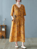 Vestidos de algodón de manga corta vintage floral nuevo en vestidos para mujer casual suelto largo vestido de verano ropa elegante 2025 - details 3