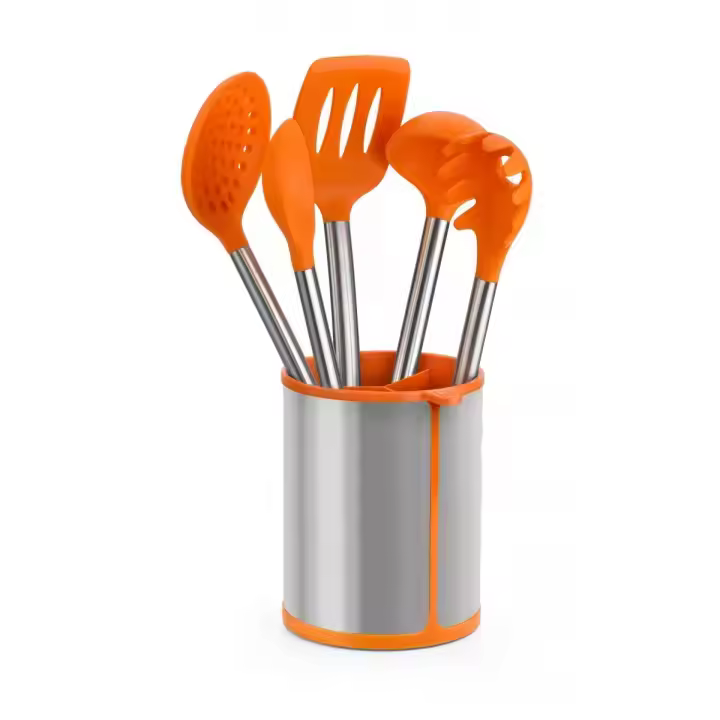 Set Utensilios Cocina Eficiente y Bote Organizador, Acero Inoxidable y Silicona Naranja, Apto Lavavajillas - 1