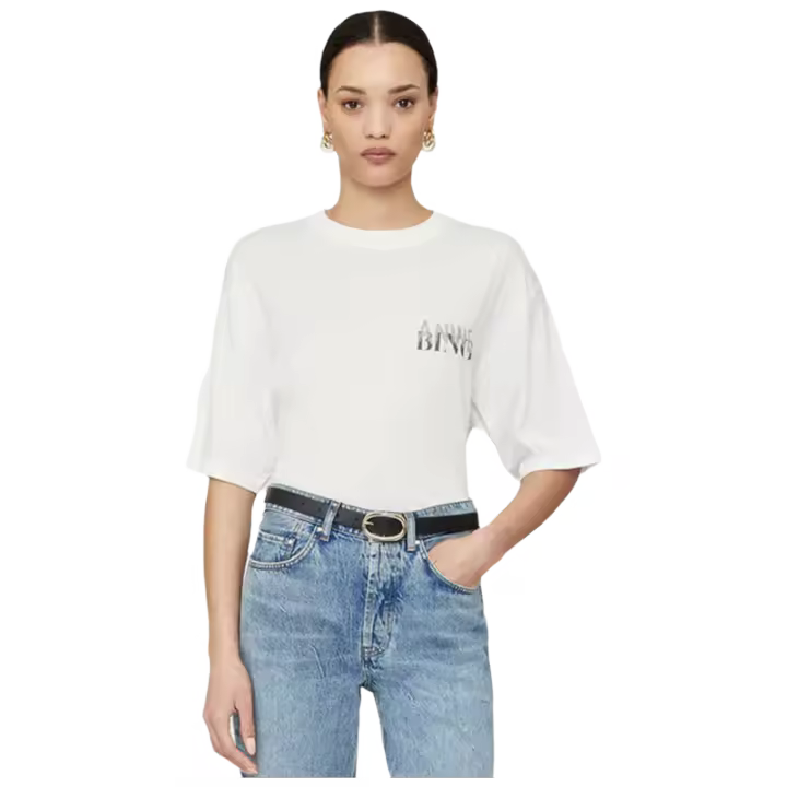 04 Camiseta de manga corta para mujer, color blanco roto, con estampado de sombra de letras clásicas delanteras y traseras, novedad de verano - 1