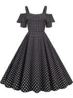 Vestido de fiesta Vintage elegante con hombros descubiertos, vestidos Midi de verano con lunares y volantes para mujer - details 35