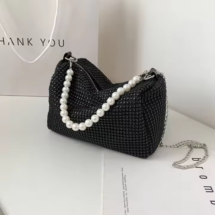Large Capacity Rhinestone Handbag Pearl Chain Mobile Phone Bag Small Square Bag Pillow Bag Crossbody Bag Women Shoulder Bag - 1