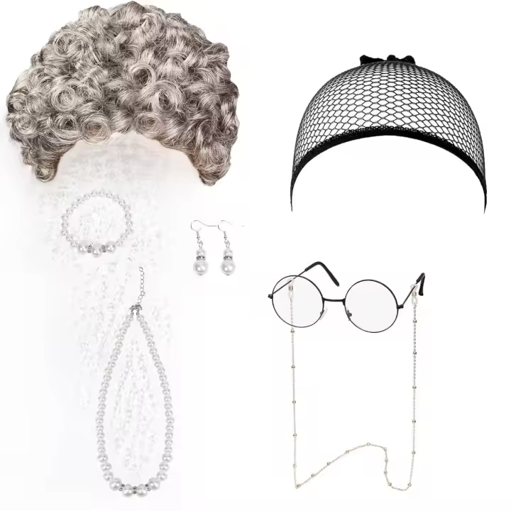 Conjunto de juegos de rol para mujer mayor, traje de escenario Vintage con peluca y gafas, para fiesta de Halloween - 1
