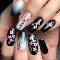 24 piezas de degradado negro y rojo rectangular medio, diseño de línea artística, uñas postizas terminadas, esmalte de uñas - details 2