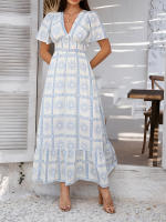 2025 Primavera / Verano Casual Bomisia Vacaciones Estilo Estampado Contraste Color Cuello en V Cintura alta Vestido de manga corta - details 20