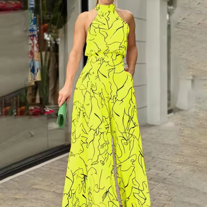 Mono de mujer con estampado, cuello redondo, sin mangas, estilo europeo y americano, tendencia de primavera 2025, elegante y ajustado. - 1