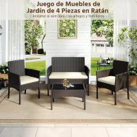 4 Piezas, 1 Sofá 2 Sillones con Cojines y 1 Mesa con Vidrio para Patio/Terraza/Balcón (Marrón/Beige) - details 6