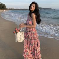 Vestido de vacaciones plisado elástico con estampado de flores de primavera y verano, falda rosa, vestido de playa con tirantes, vestido de isla - details 5