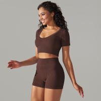 Hamidou-Conjunto de ropa deportiva sin costuras para mujer, Leggings de cintura alta, camisetas de manga corta, pantalones cortos, conjunto de 2 piezas, ropa de gimnasio - details 9
