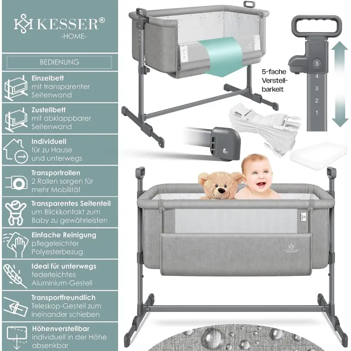 Cama de Niño Supletoria Colchón de Almohada Blando Cuna con Ruedas Ajuste de Altura en 5 Posiciones - 1