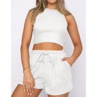 Conjunto de dos piezas de verano para mujer, chaleco sin mangas de color sólido con textura gofre y pantalones cortos casuales de moda. - details 17