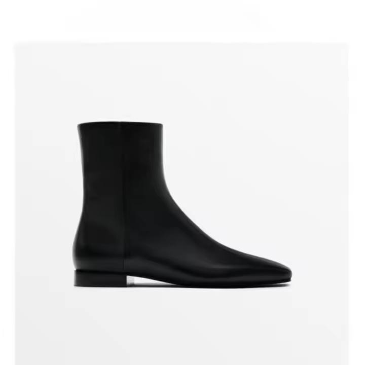 Nuevas botas cortas de cabeza cuadrada de cuero negro Botines Chelsea planos Botines - 1