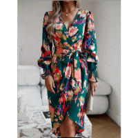 Women long sleeve multi color print tie v neck irregular midi slim party dress - details 4