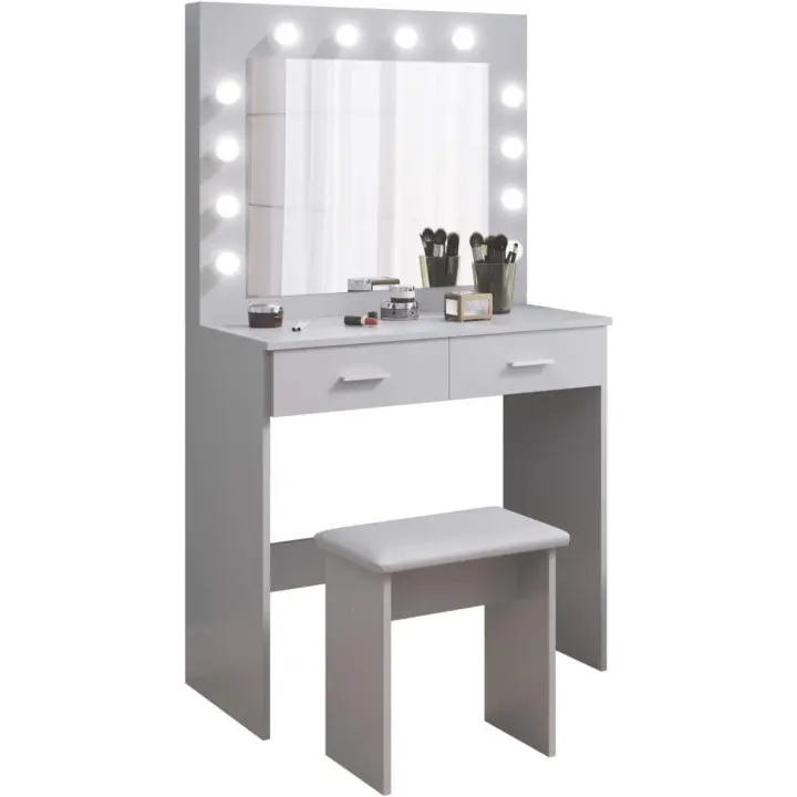 Tocador Mesa de Maquillaje con Hollywood LED Espejo, 2 Cajones Grandes y Taburete, 80x40x140cm (Gris) - 1