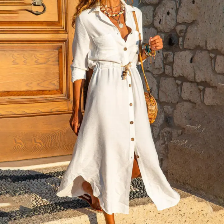 Vestido de fiesta de manga larga con diseño irregular de algodón blanco para mujer - 1