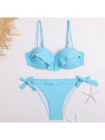 Bañador de banda con volantes negros para mujer, traje de baño femenino de realce, conjunto de Bikini con sujetador y Copa, traje de baño de corte alto azul de Color sólido 2023 - details 5