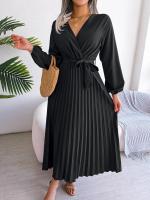 Vestido largo plisado con dobladillo grande para mujer, vestido cruzado de Color liso con cuello en V, moda de primavera y verano - details 9