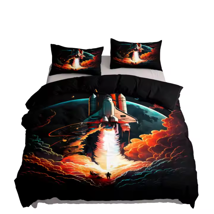 Juego de funda de edredón con diseño de cohete y despegue, juego de ropa de cama para niños de tamaño King Queen, doble, individual y individual - 1