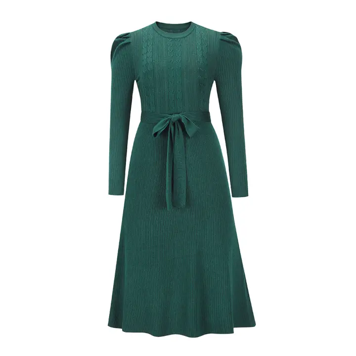 Vestido de suéter de manga abullonada para mujer, cintura alta, faldas completas, verde negruzco S, nuevo estilo - 1