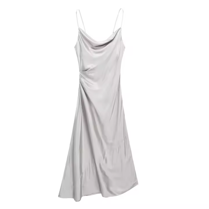 Ropa de mujer europea y americana, textura de satén de seda cuello plisado vestido Midi 9479274 808 - 1