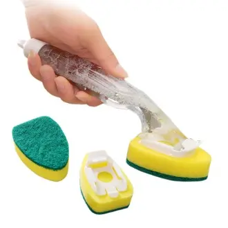 Cepillo de limpieza para cocina con mango largo y dispensador de jabón recargable, herramienta de lavado de platos con esponja automática - 1