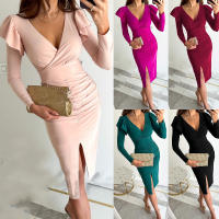 Vestido de manga larga de Color sólido con abertura y cintura cerrada con temperamento y cuello en V de verano 2025 para mujer - details 0