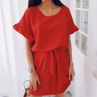 Vestido de poliéster de manga corta para mujer, jersey de cuello redondo, suelto, fajas, sólido, moda de oficina, Verano - details 3
