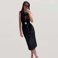 Vestidos elegantes lisos de un solo pecho con cuello redondo sin mangas y bolsillos vestido a media pierna ajustado para oficina para mujer verano 2025 - details 7
