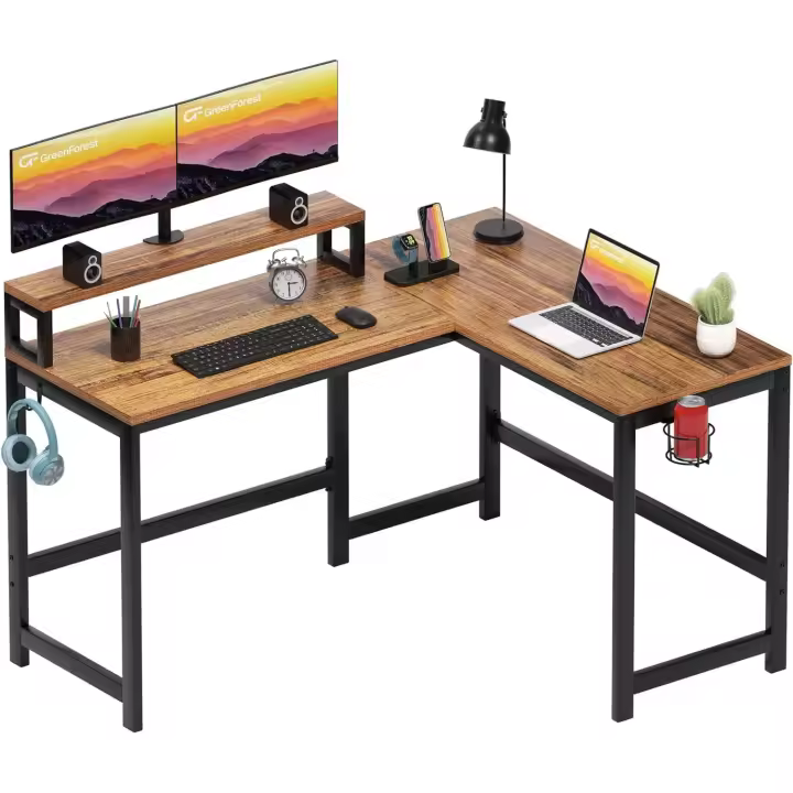 Estante de Escritorio Forma de L con Soporte de Pantalla y Gancho para Auriculares - 1