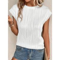 Camisetas con textura de manga corta para mujer, camisetas básicas informales holgadas de punto con cuello redondo, blusas - details 16