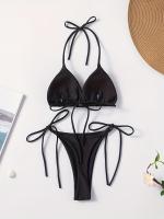 Conjunto De Bikini De Dos Piezas De Moda De Color Sólido, Con Cuello Halter, Triángulo Sin Espalda Y Lazos Laterales - details 26