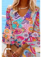 Vestido con volantes y manga de cuarto para mujer, falda de playa con estampado colorido, cuello en V, novedad de verano - details 10