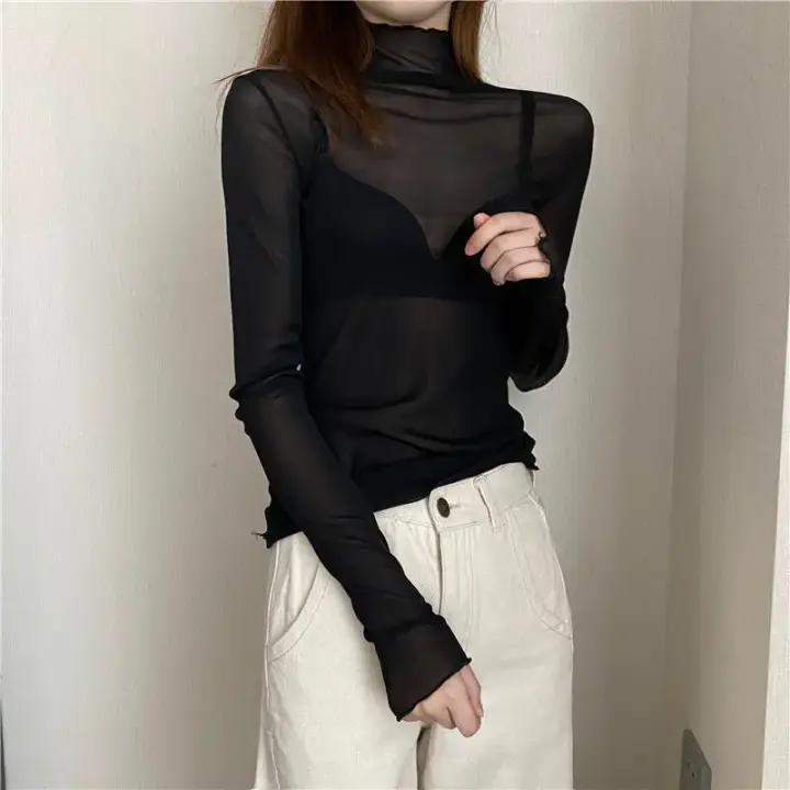 Camiseta de Malla Transparente para Mujer Manga Larga, Cuello Redondo, Seda y Encaje - 1