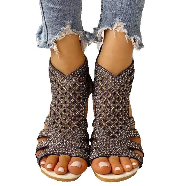Sandalias planas romanas para mujer, zapatos de playa con diamantes de imitación, talla grande, color negro y dorado, 42, 41, 40, 39