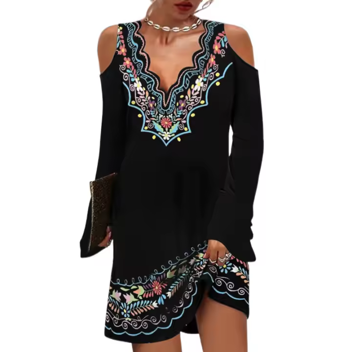 Ropa de mujer de manga larga, estampado vintage, cuello ondulado, escote en V, hombros abiertos - 1