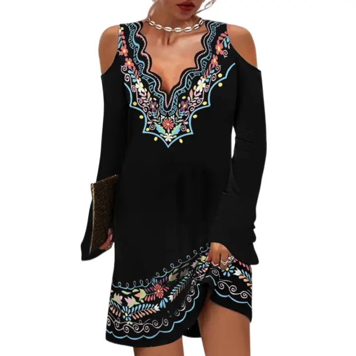 Vestido de mujer de manga larga, estampado retro, cuello ondulado, escote en V, hombros descubiertos - 1