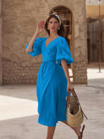 Novedad de verano, corte en V de algodón puro, cintura con abertura, diseño ceñido, línea A, Dre para mujer - details 24