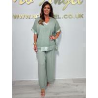 Conjunto de pantalón largo con cuello en V y ribete, informal, de talla grande, para mujer, artículo popular - details 5