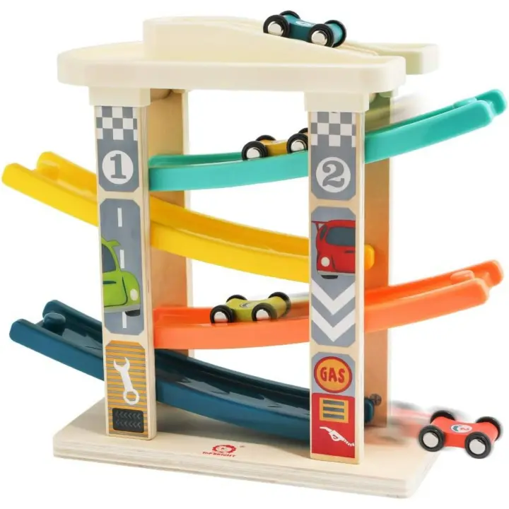 Wooden Race Track Car Ramp Toys  Motor Skills Race Tracks Car Ramp Vehicle Playsets with 4 Mini Cars and 1 Car Garage - 1