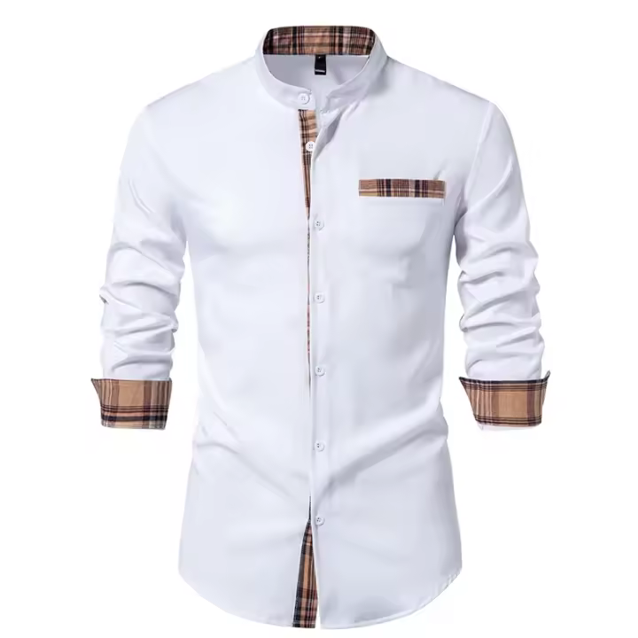 Printemps hommes col montant Henry chemise décontracté Bloque de couleur a cuadros à manches longues chemises hommes d 'affaires bureau Blusa trabajo diario - 1