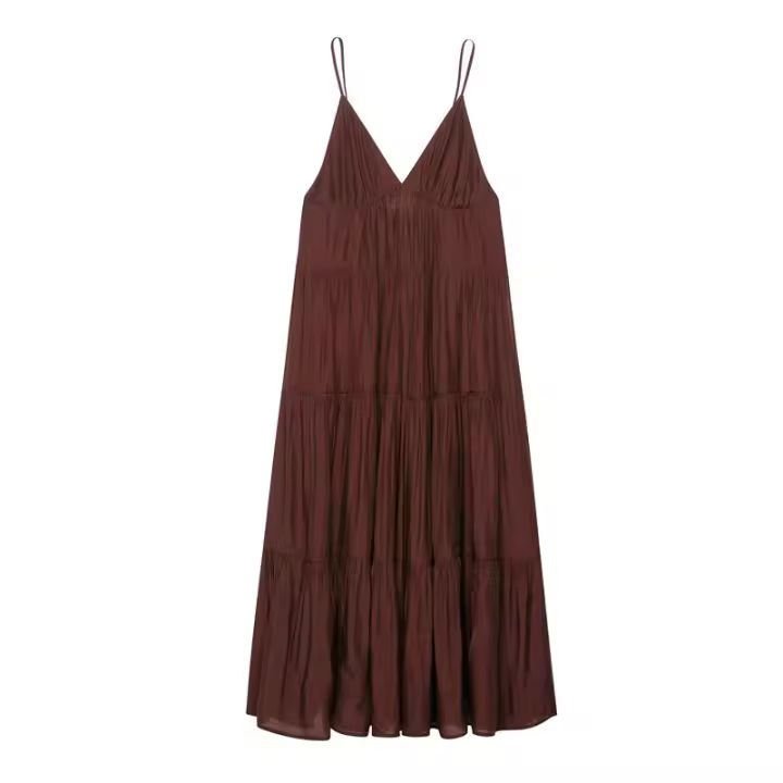 BUNO-moda de verano para mujer, nuevo vestido Midi plisado marrón con espalda descubierta y tirantes finos con cuello en V, vestidos camisola informales elegantes para mujer - 1