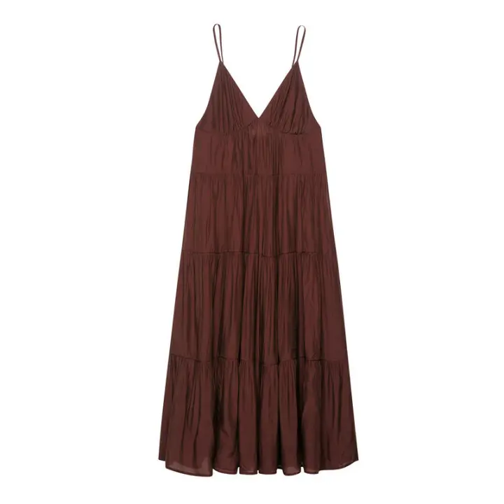BUNO-moda de verano para mujer, nuevo vestido Midi plisado marrón con espalda descubierta y tirantes finos con cuello en V, vestidos camisola informales elegantes para mujer - 1