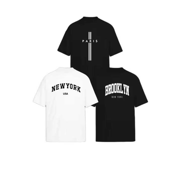 Pack de 3 camisetas informales de cuello redondo l Estampado urbano l 100% algodón l Transpirable y cómoda l Moda de verano París, Nueva York, Brooklyn Camisetas - 1