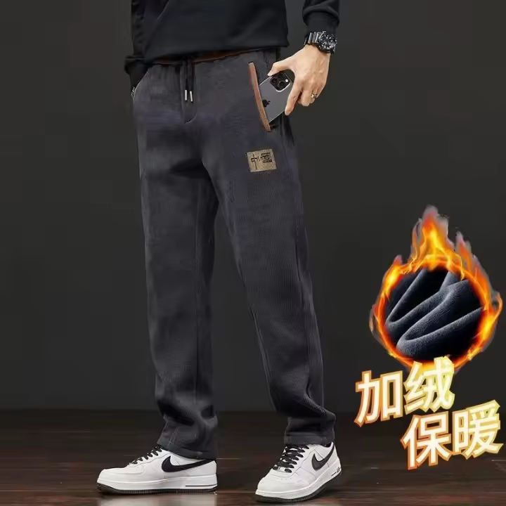 Pantalones rectos sueltos informales versátiles de lana de invierno de pana de gran tamaño para hombre - 1
