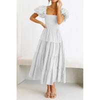 Vestido de manga corta fruncido con cuello cuadrado y espalda descubierta a la moda para mujer - details 4