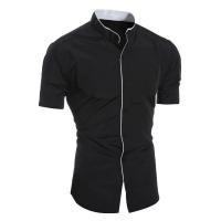 Camisa de moda informal de manga corta de verano para hombre, top ajustado cómodo y transpirable con cuello levantado de color sólido para hombre - details 4