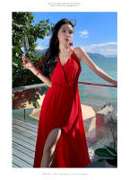 Vestido de vacaciones halter rojo vestido de playa dividido ropa de foto junto al mar falda con tirantes de cuello de hada súper - details 15