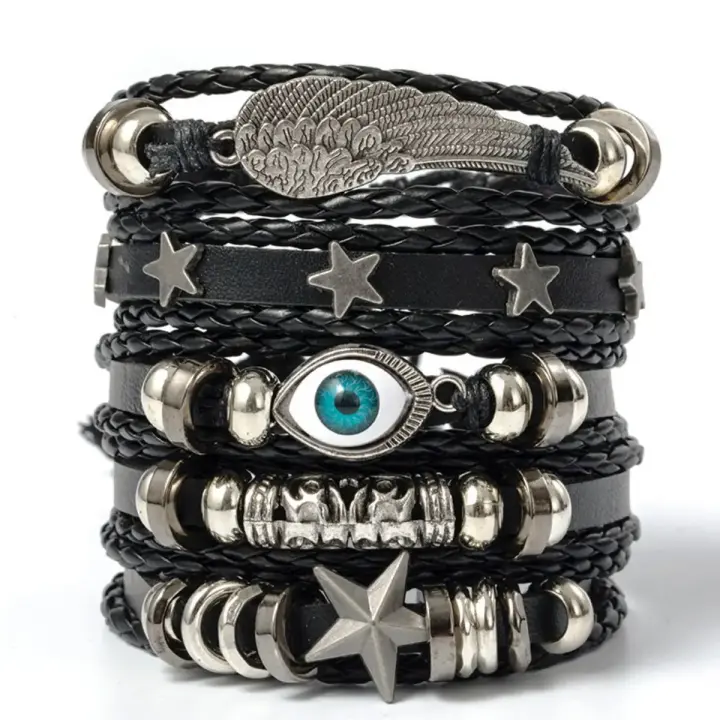 Juego de 5 pulseras trenzadas estilo Punk con forma de estrella y ala de mal de ojo, con cuero Pu y cuentas - 1