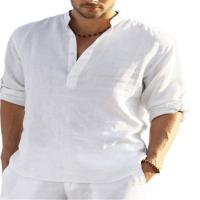 Camiseta Henley de lino y algodón para hombre, camisa de manga larga, Hippie, informal, para playa, color blanco, talla S-5XL - details 1